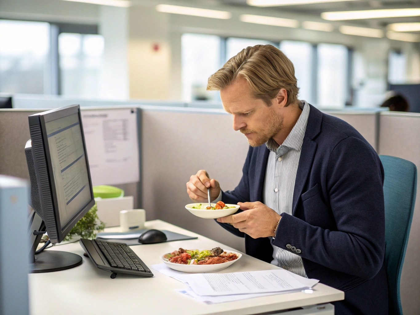 Kontorsarbetare som äter vid sitt skrivbord